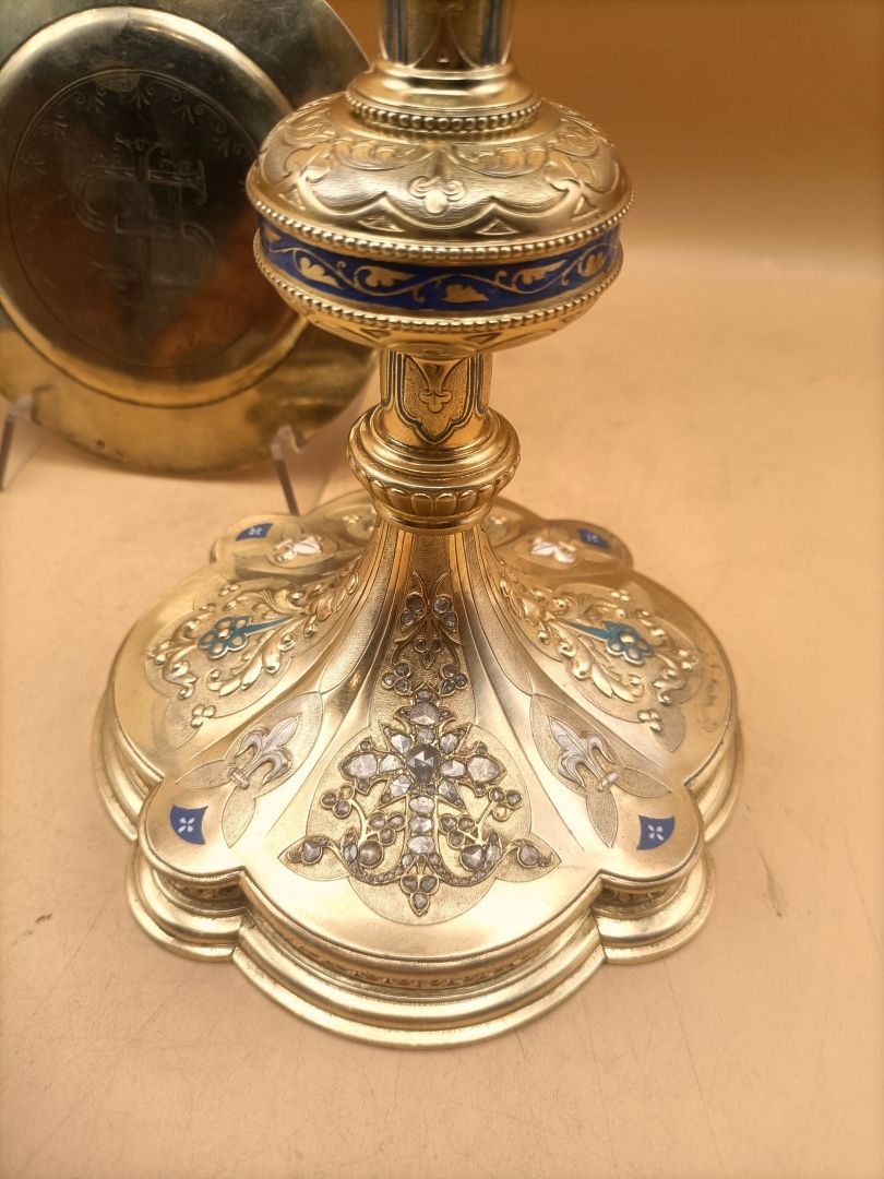 gilt silver chalice, enamel, fleur-de-lis, diamonds, late 19th century