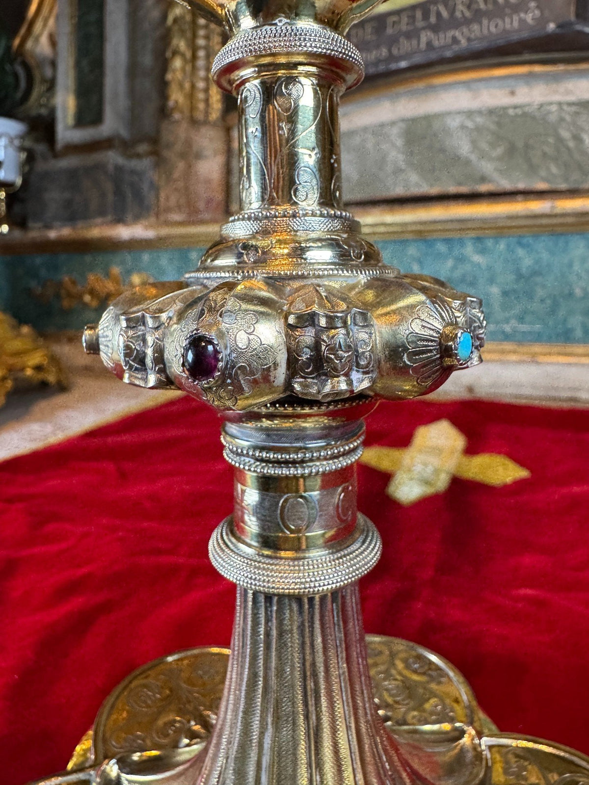 Chased vermeil chalice decorated with colored stone cabochons - 19th century