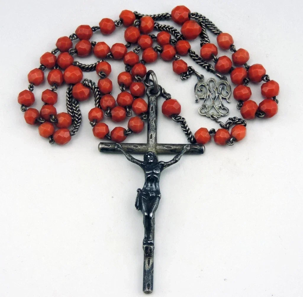 Antique large rosary made of faceted coral beads and solid silver, weight 36 g