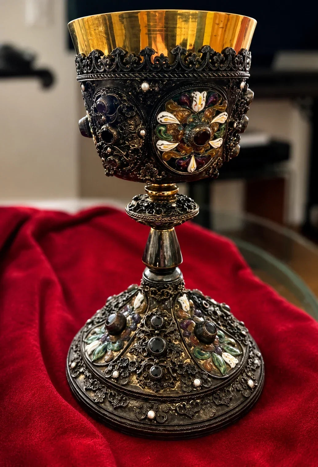 Austro-Hungarian solid 925 silver chalice, silver-gilt, enamel, and fine pearls