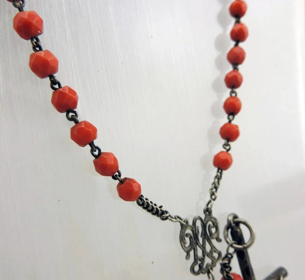 Antique large rosary made of faceted coral beads and solid silver, weight 36 g