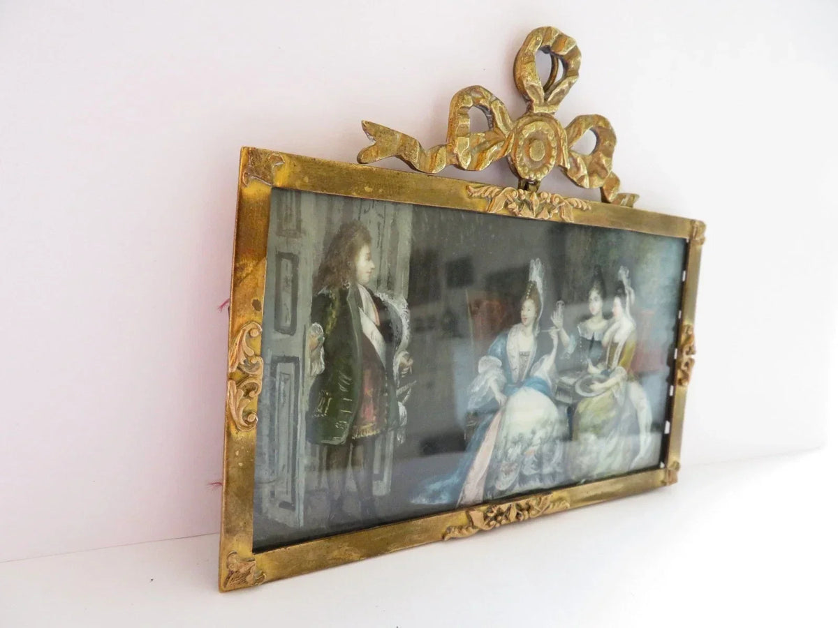 Belle MINIATURE XIXe, dans le gout du XVIIIe. Scène d'intérieur. CADRE en BRONZE