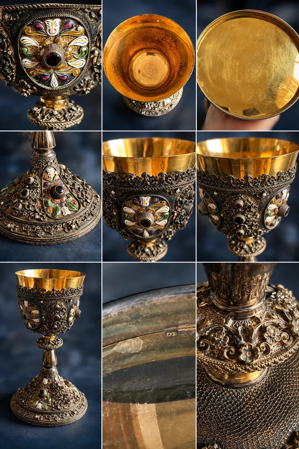 Austro-Hungarian solid 925 silver chalice, silver-gilt, enamel, and fine pearls