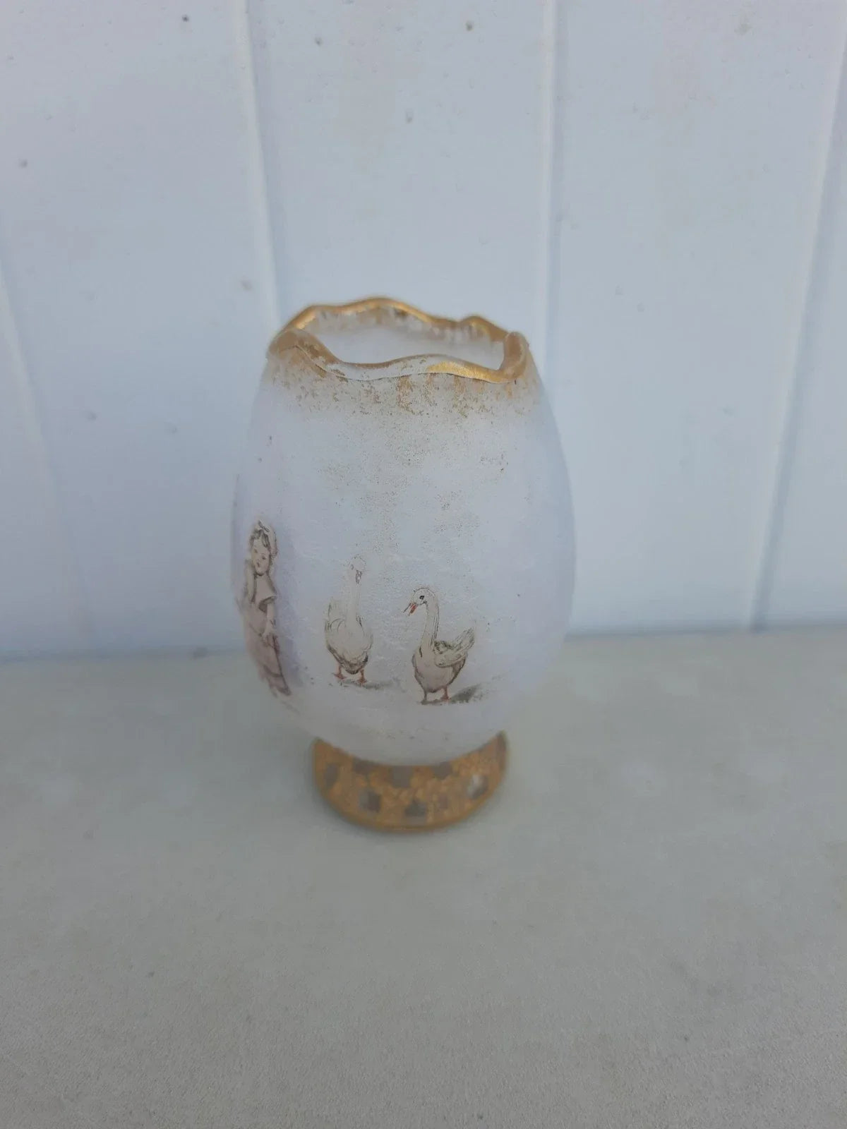 Rare Antique Small Daum Nancy Goose Girl Frosted Glass Vase. Gold Trimmed.