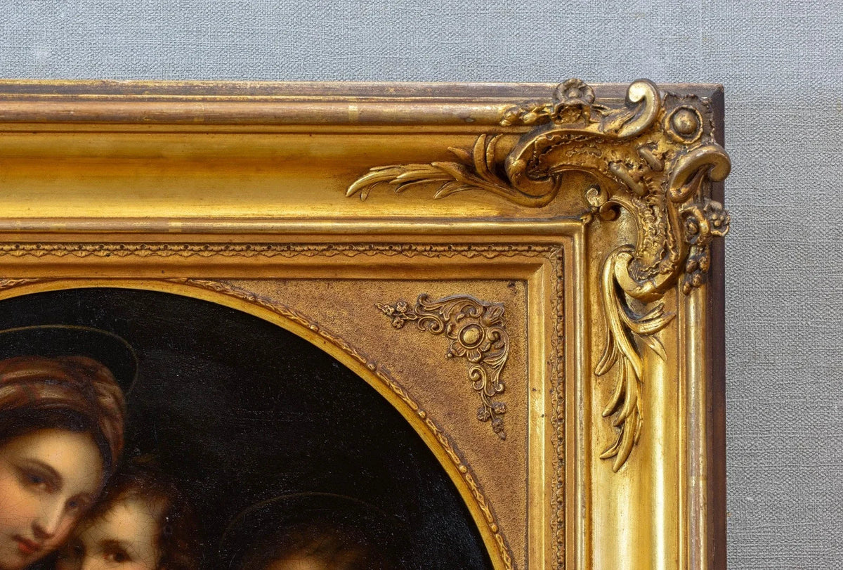 19th-century oil tondo on copper after the Italian Old Master Raphael, in an antique gilded frame