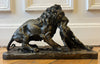 19th-century bronze signed Fratin – Lion bringing down a wild boar – Animal sculpture