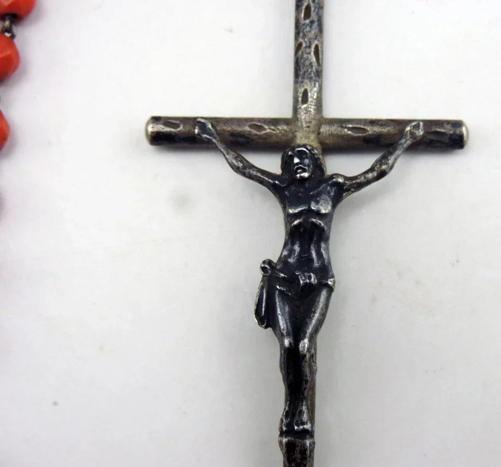 Antique large rosary made of faceted coral beads and solid silver, weight 36 g