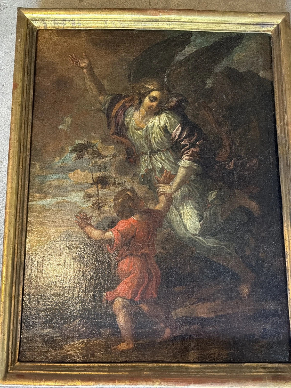 Tableau ancien – Scène religieuse : Ange et enfant – Huile sur toile