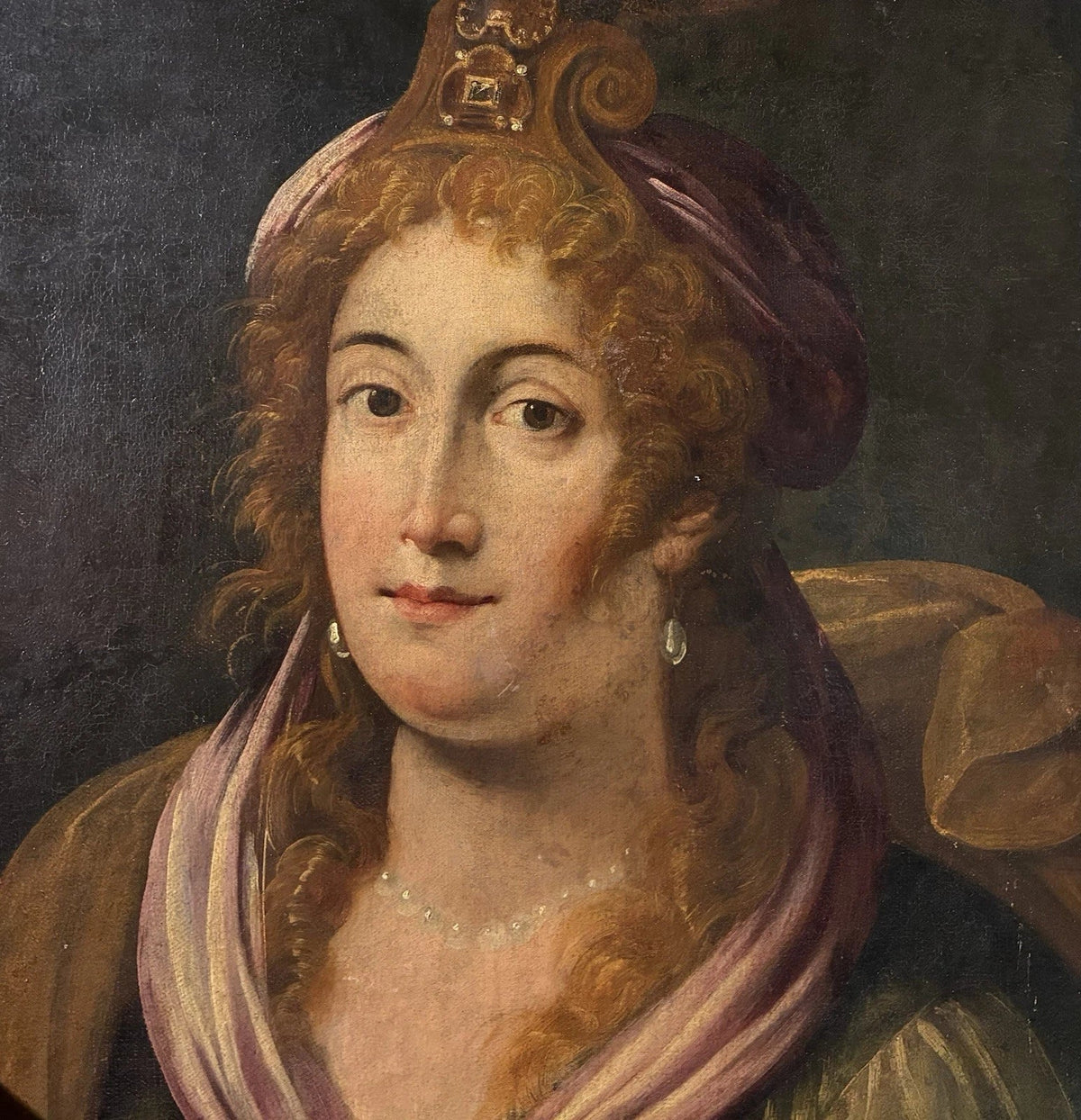 Tableau ancien huile portrait femme reine bijoux renaissance fontaine bleau xvie
