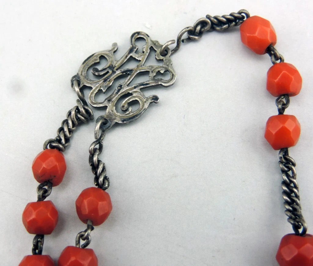Antique large rosary made of faceted coral beads and solid silver, weight 36 g
