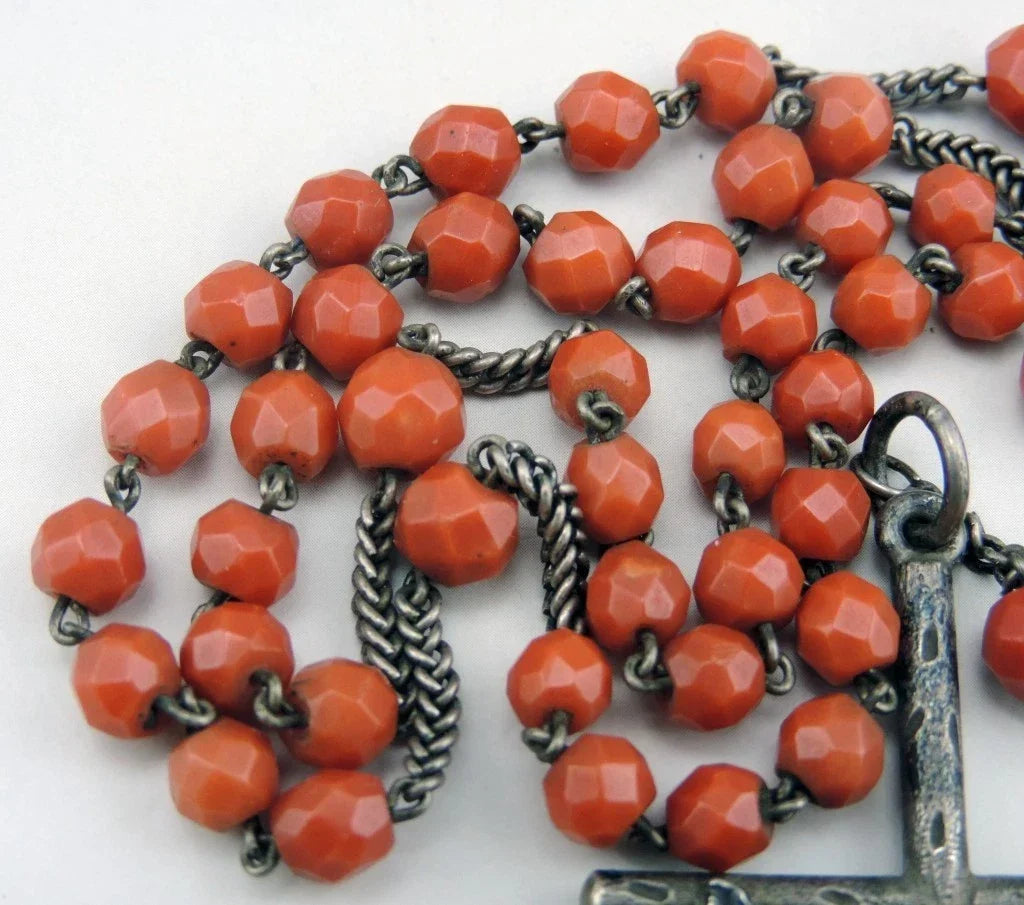 Antique large rosary made of faceted coral beads and solid silver, weight 36 g