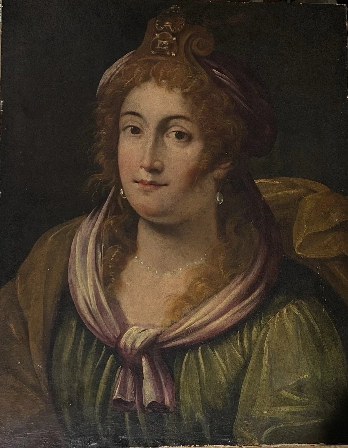 Tableau ancien huile portrait femme reine bijoux renaissance fontaine bleau xvie