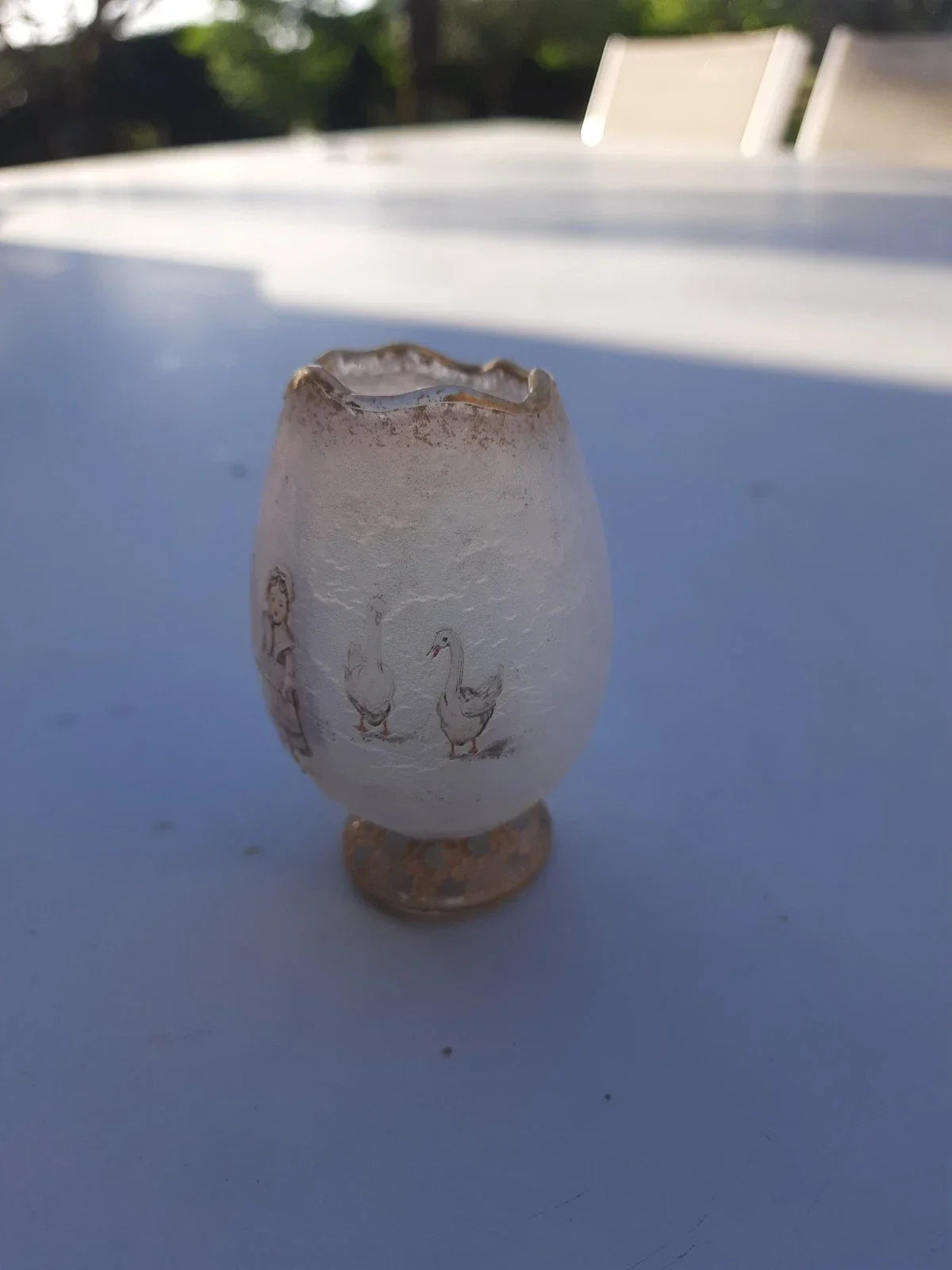Rare Antique Small Daum Nancy Goose Girl Frosted Glass Vase. Gold Trimmed.