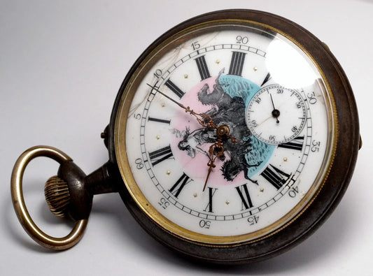 MONTRE ANCIENNE DE POCHE DE TYPE RÉGULATEUR AVEC CADRAN ORIGINAL A DÉCORS  DATANT DE LA FIN DU XIXe SIÈCLE.