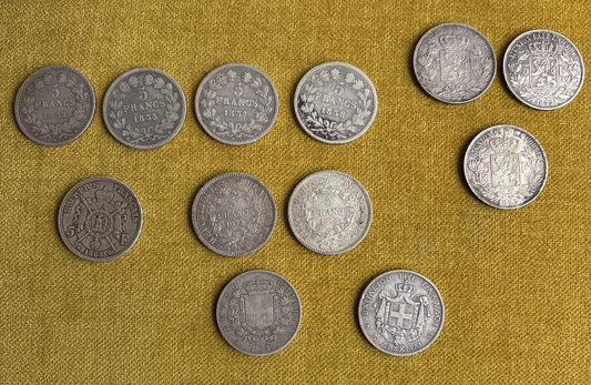 Lot of 35 antique silver coins, 19th century, Ecu, Nap, Louis-Philippe, Leopold, Hercules