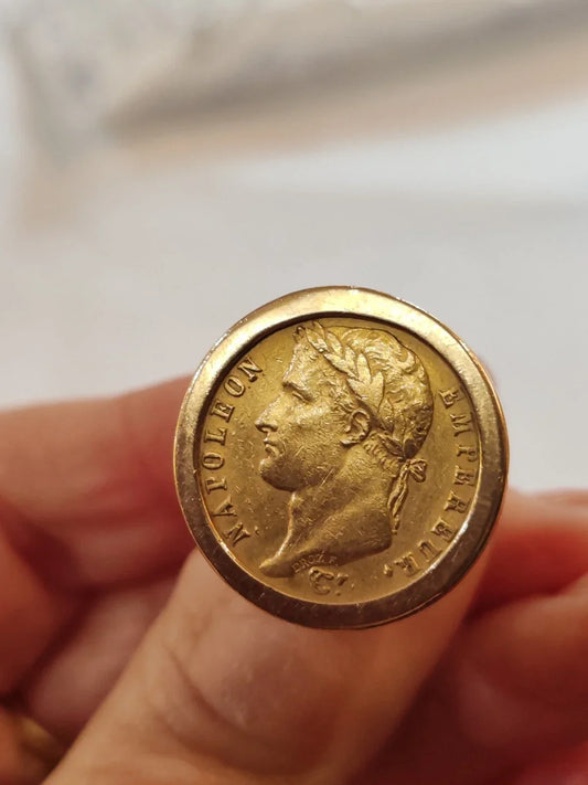Antique 18-karat yellow gold ring featuring a Napoleon coin
