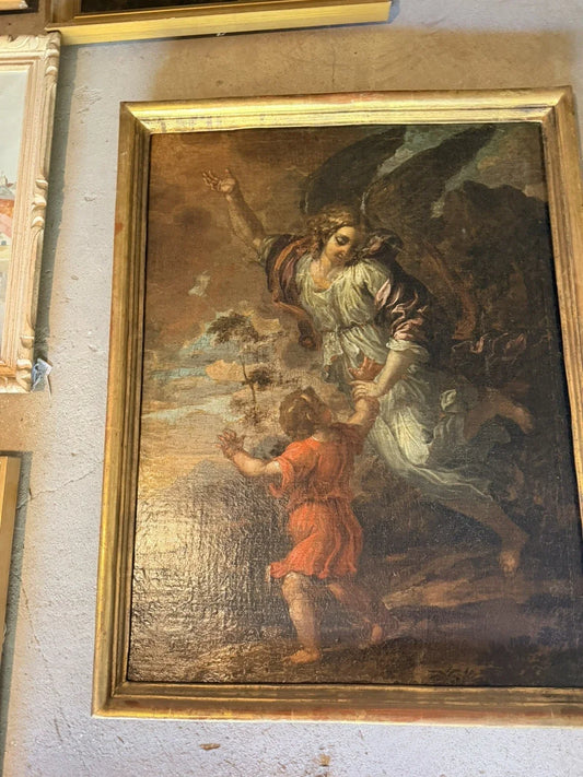 Tableau ancien – Scène religieuse : Ange et enfant – Huile sur toile