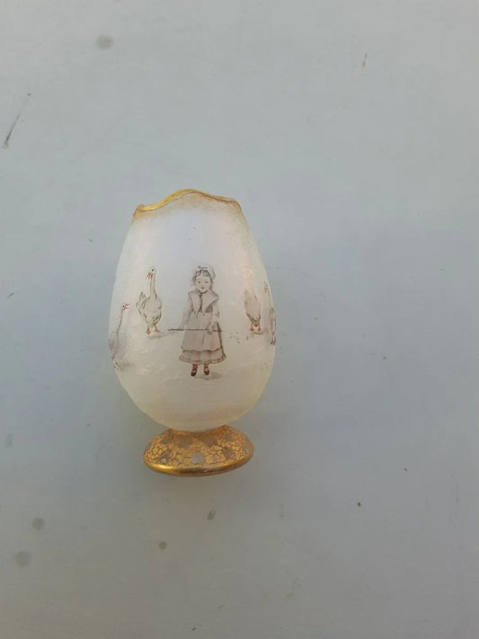 Rare Antique Small Daum Nancy Goose Girl Frosted Glass Vase. Gold Trimmed.