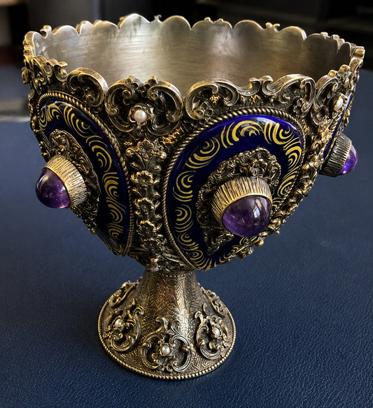 Solid sterling silver 925 chalice, cobalt blue enamel, amethyst cabochons, fine pearls