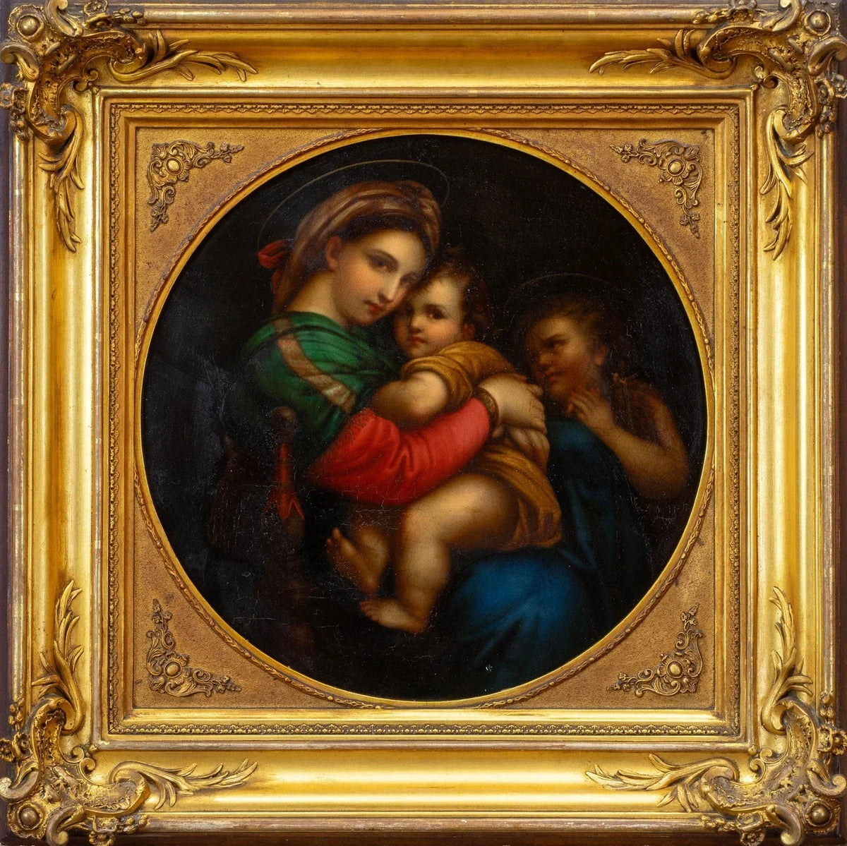 19th-century oil tondo on copper after the Italian Old Master Raphael, in an antique gilded frame