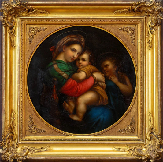 XIXème Huile Tondo sur cuivre d'après le vieux maître italien Raphaël  Cadre doré ancien