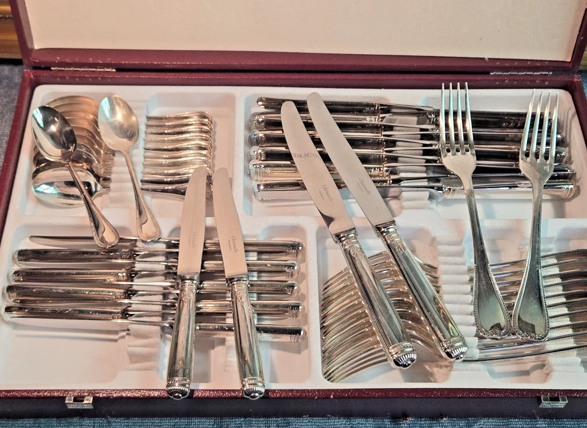 Beautiful antique silver-plated cutlery set by CHRISTOFLE, MALMAISON pattern, 47 pieces