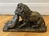 19th-century bronze signed Fratin – Lion bringing down a wild boar – Animal sculpture