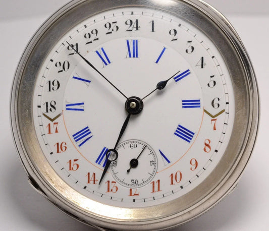 MONTRE GOUSSET ARGENT 3 AIGUILLES 12H ET 24H VINTAGE 1890 POCKET WATCH