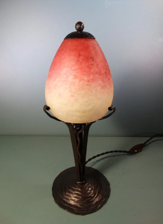 Wrought iron lamp with pâte de verre tulip shade. Signed Schneider.