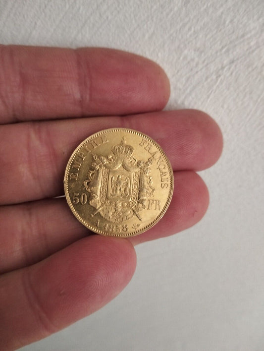 50 franc Napoleon III gold coin, 1858A