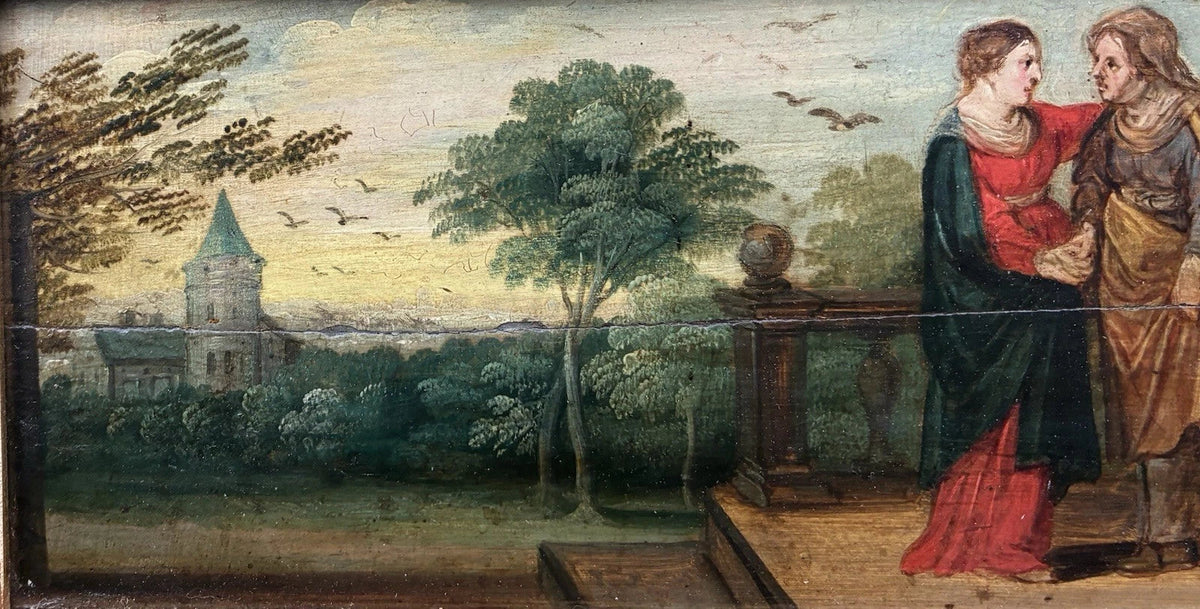 Antique oil painting, religious scene, The Visitation of the Virgin to Saint Anne, early 17th century