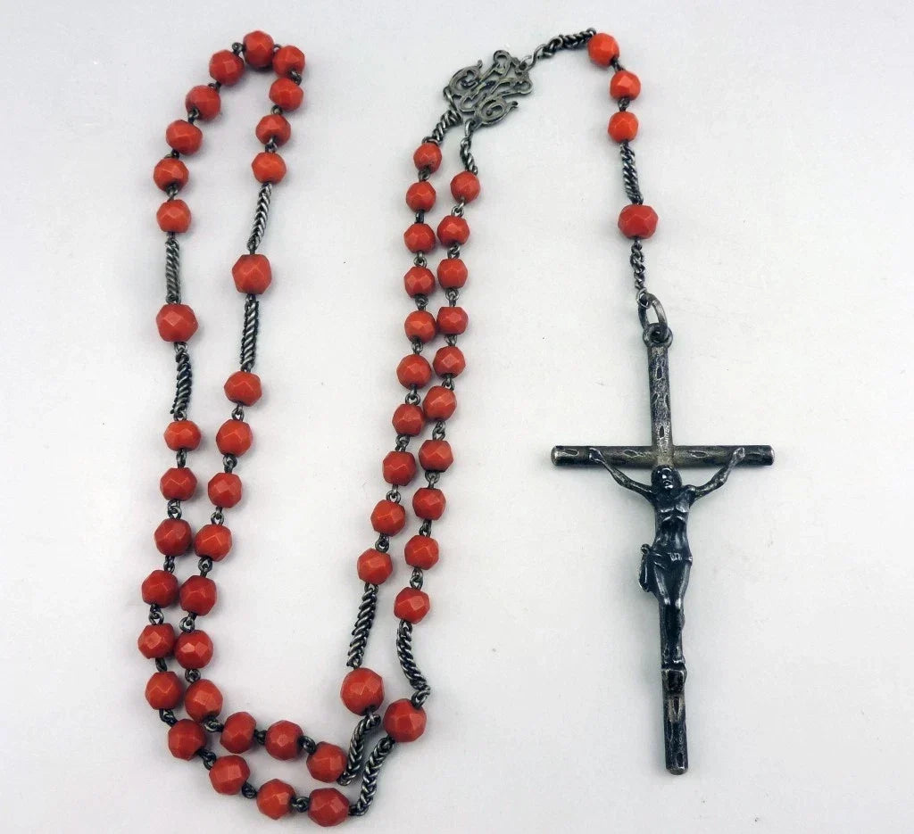 Antique large rosary made of faceted coral beads and solid silver, weight 36 g