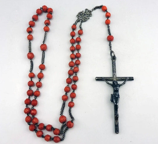 Antique large rosary made of faceted coral beads and solid silver, weight 36 g