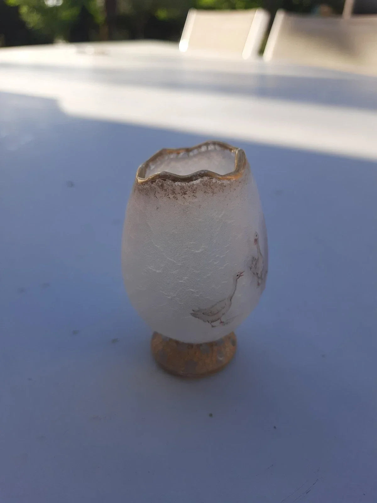 Rare Antique Small Daum Nancy Goose Girl Frosted Glass Vase. Gold Trimmed.