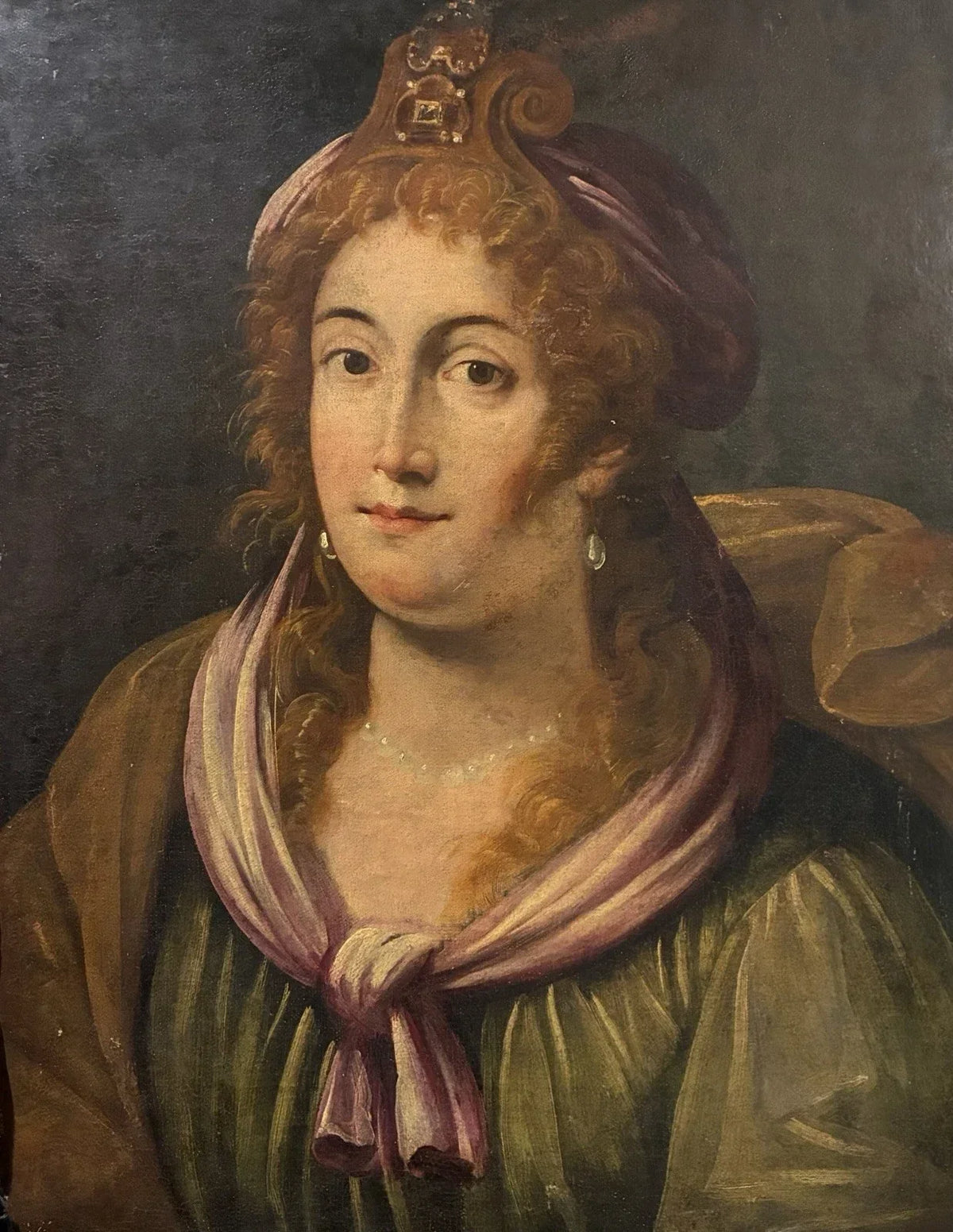 Tableau ancien huile portrait femme reine bijoux renaissance fontaine bleau xvie