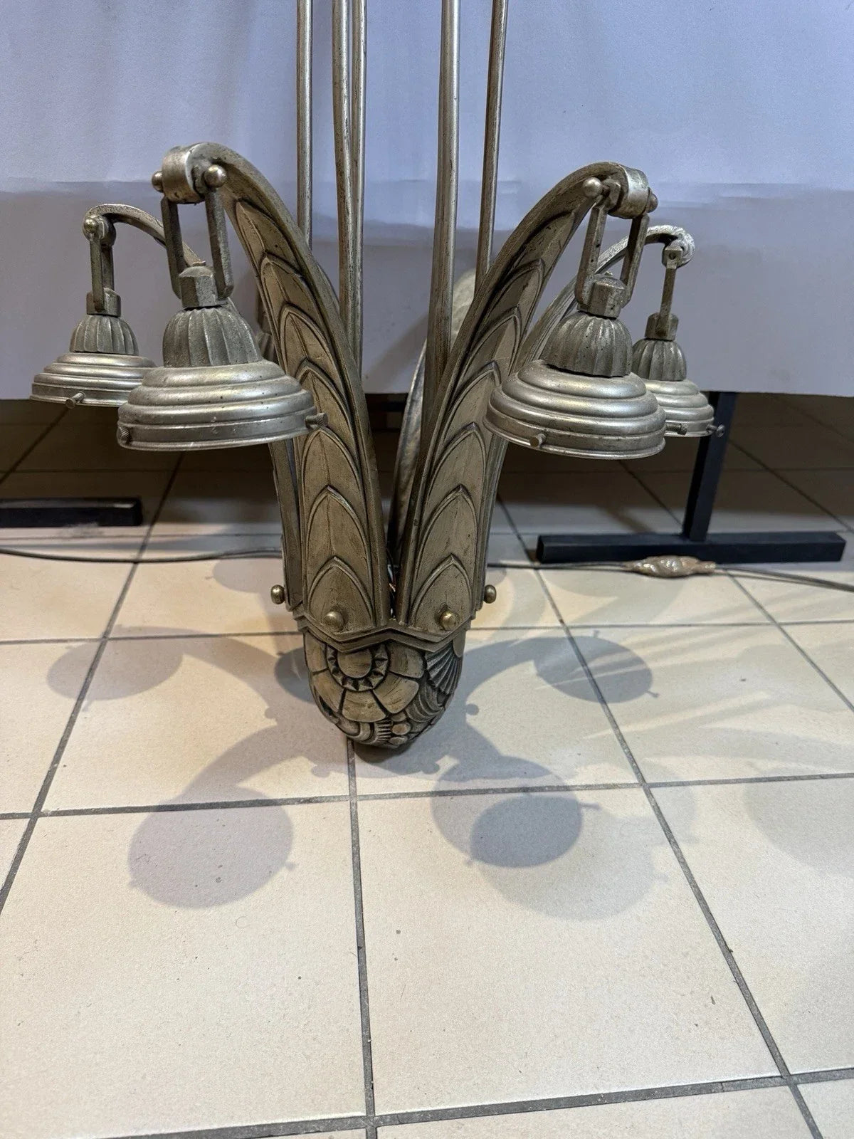 Nickel-plated bronze chandelier, French work from the 1930s.