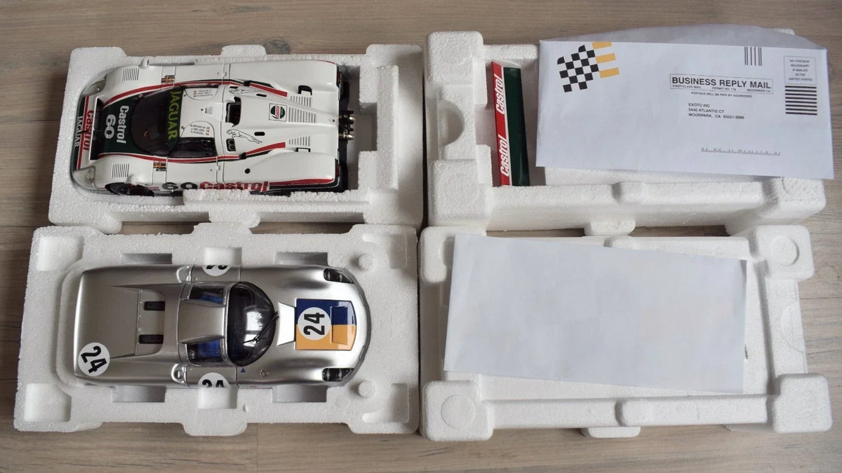 Set of 4 Exoto sports cars: Porsche, Jaguar, Mercedes-Benz