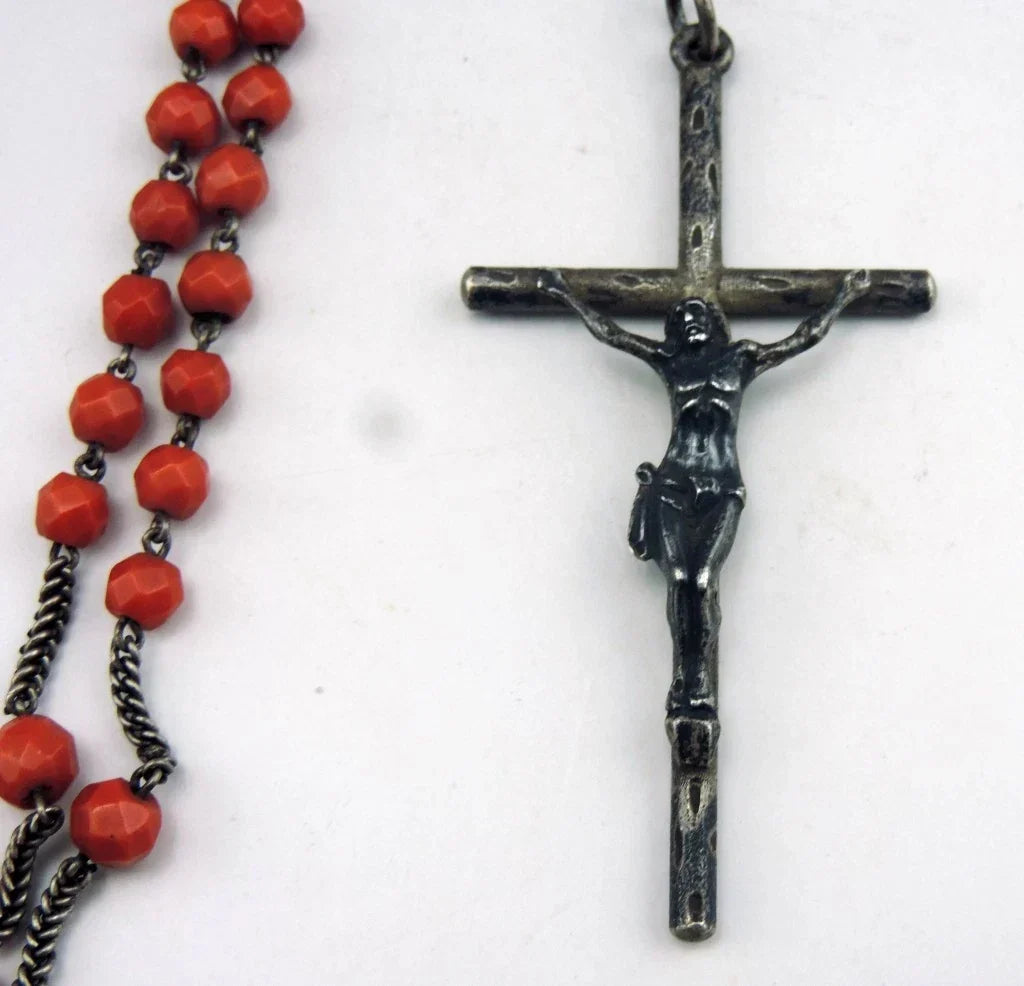 Antique large rosary made of faceted coral beads and solid silver, weight 36 g