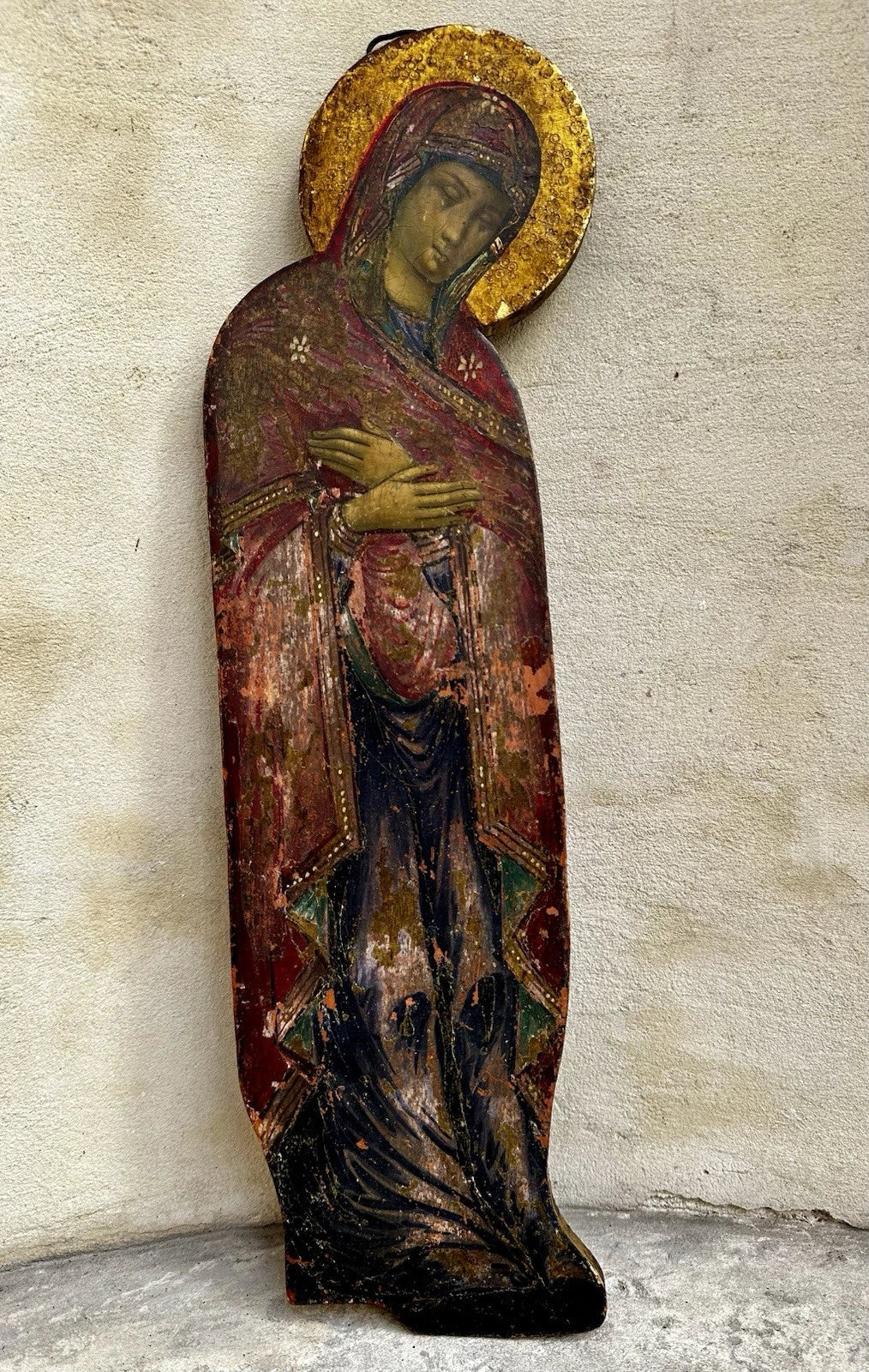 Antique Painting Portrait of the Virgin Mary in Prayer Religious Icon Wood