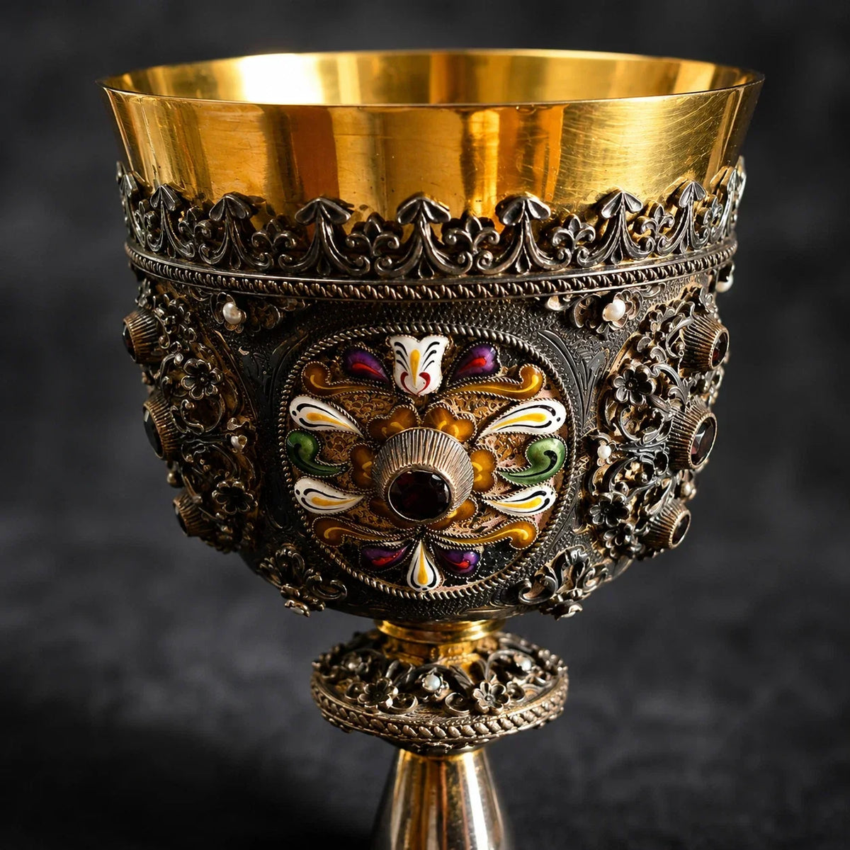 Austro-Hungarian solid 925 silver chalice, silver-gilt, enamel, and fine pearls