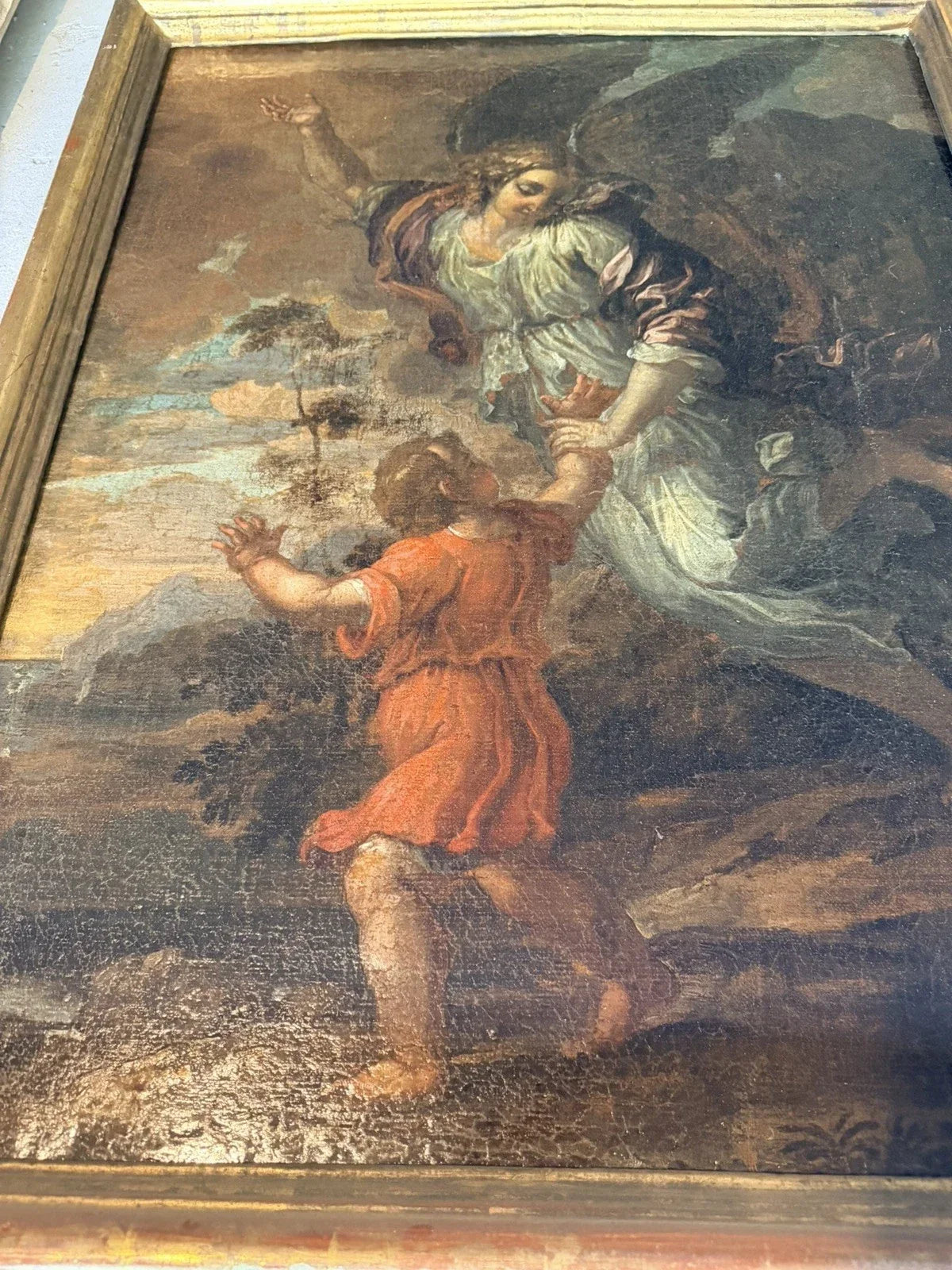 Tableau ancien – Scène religieuse : Ange et enfant – Huile sur toile