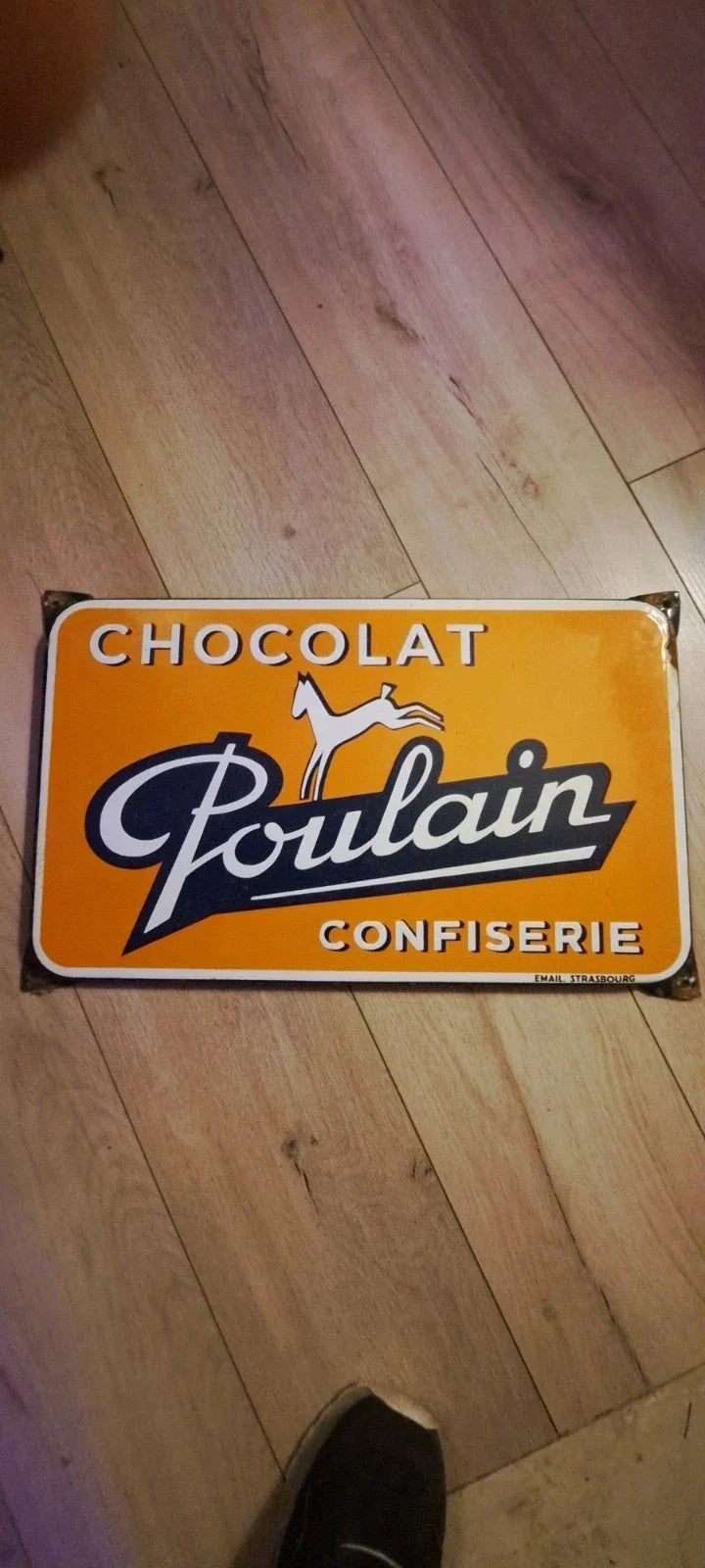 Plaque émaillée publicitaire ancienne chocolat poulain
