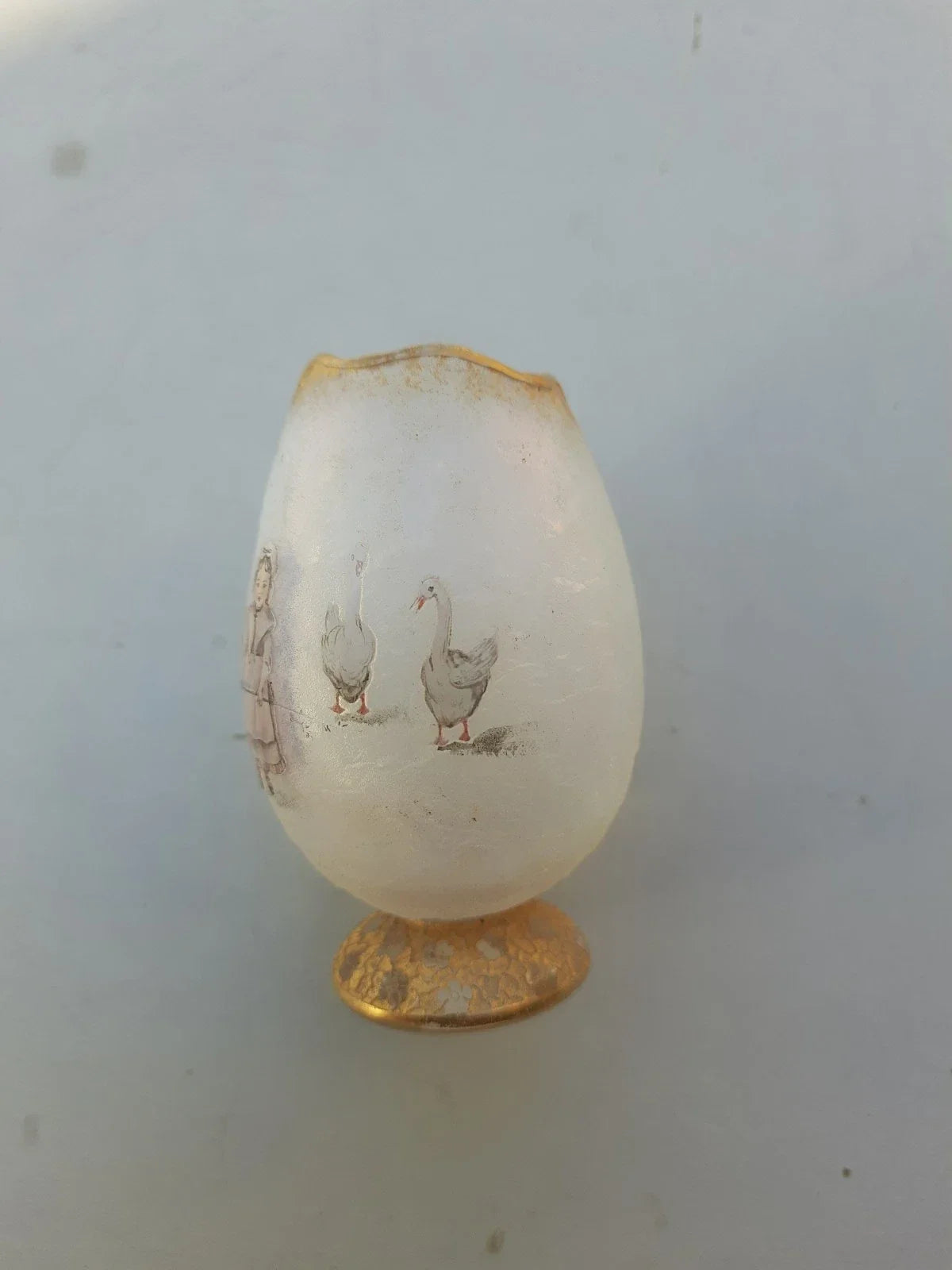 Rare Antique Small Daum Nancy Goose Girl Frosted Glass Vase. Gold Trimmed.