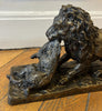 19th-century bronze signed Fratin – Lion bringing down a wild boar – Animal sculpture