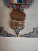 19th-century wall-mounted holy water stoup in marble, gilded bronze, and cloisonné enamel