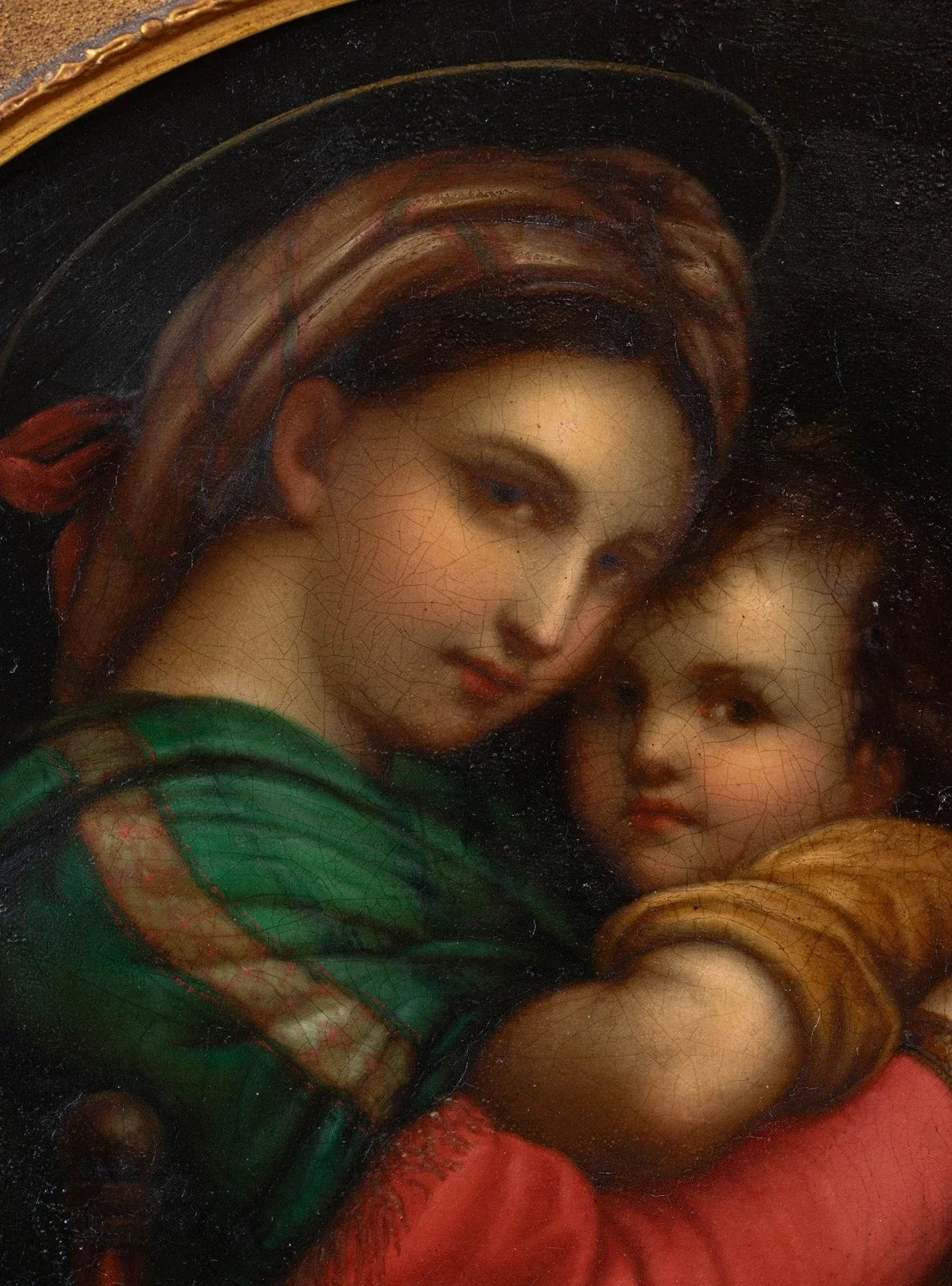19th-century oil tondo on copper after the Italian Old Master Raphael, in an antique gilded frame