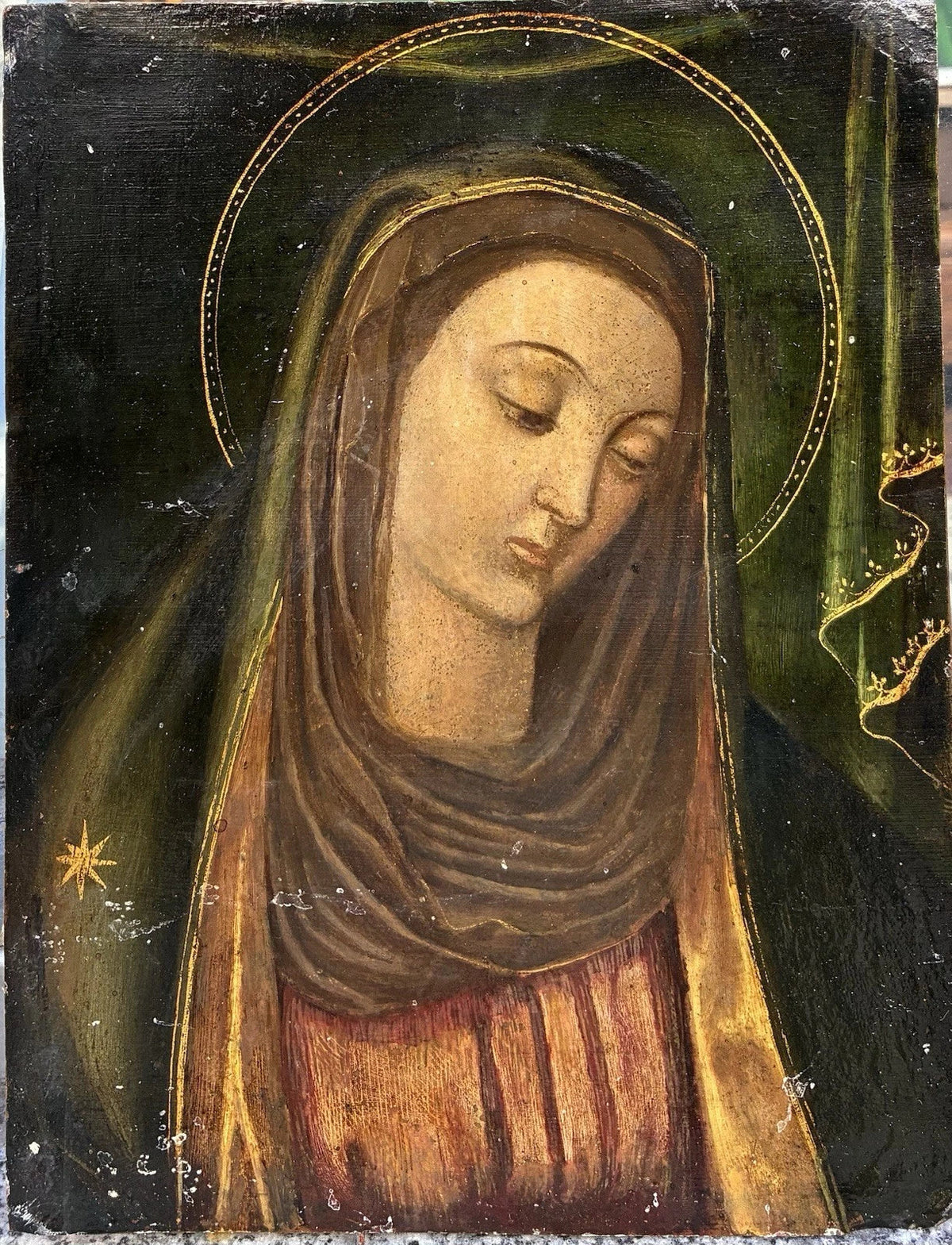 Tableau Religieux Ancien Huile Cuivre Portrait Vierge Renaissance XVIe-XVIIe