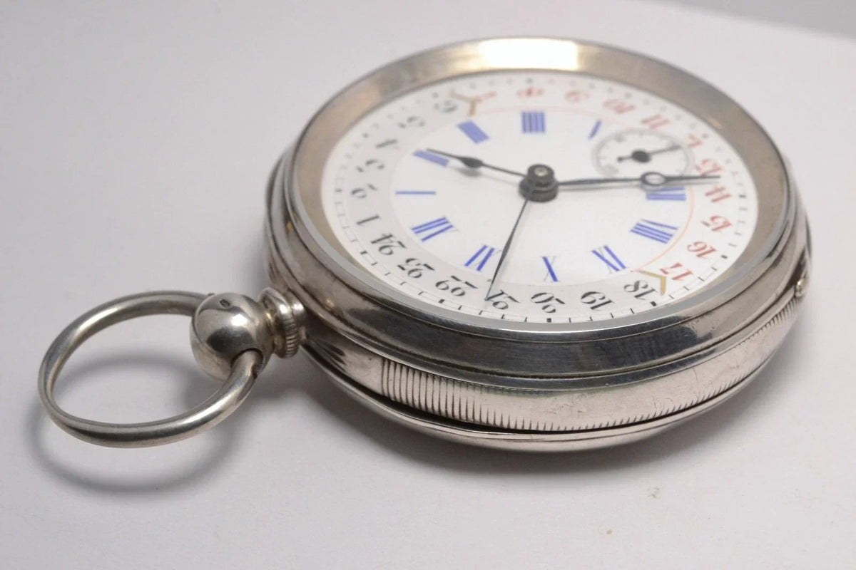 MONTRE GOUSSET ARGENT 3 AIGUILLES 12H ET 24H VINTAGE 1890 POCKET WATCH