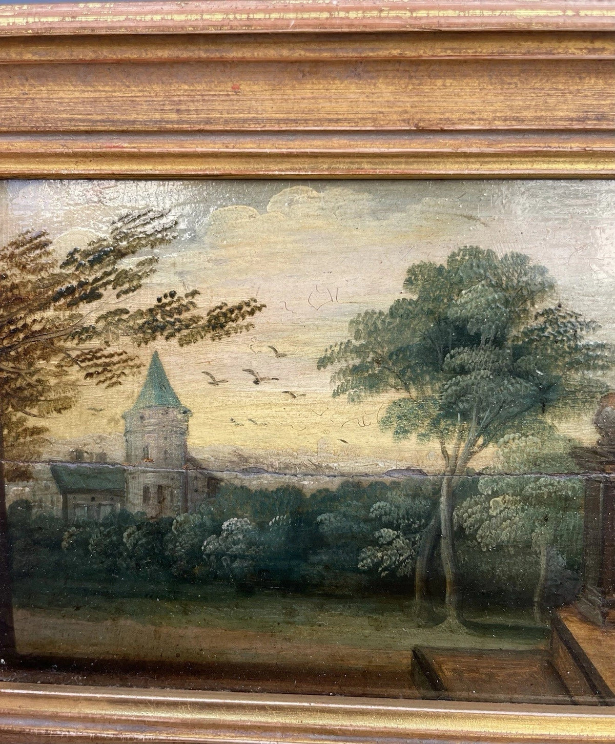 Antique oil painting, religious scene, The Visitation of the Virgin to Saint Anne, early 17th century