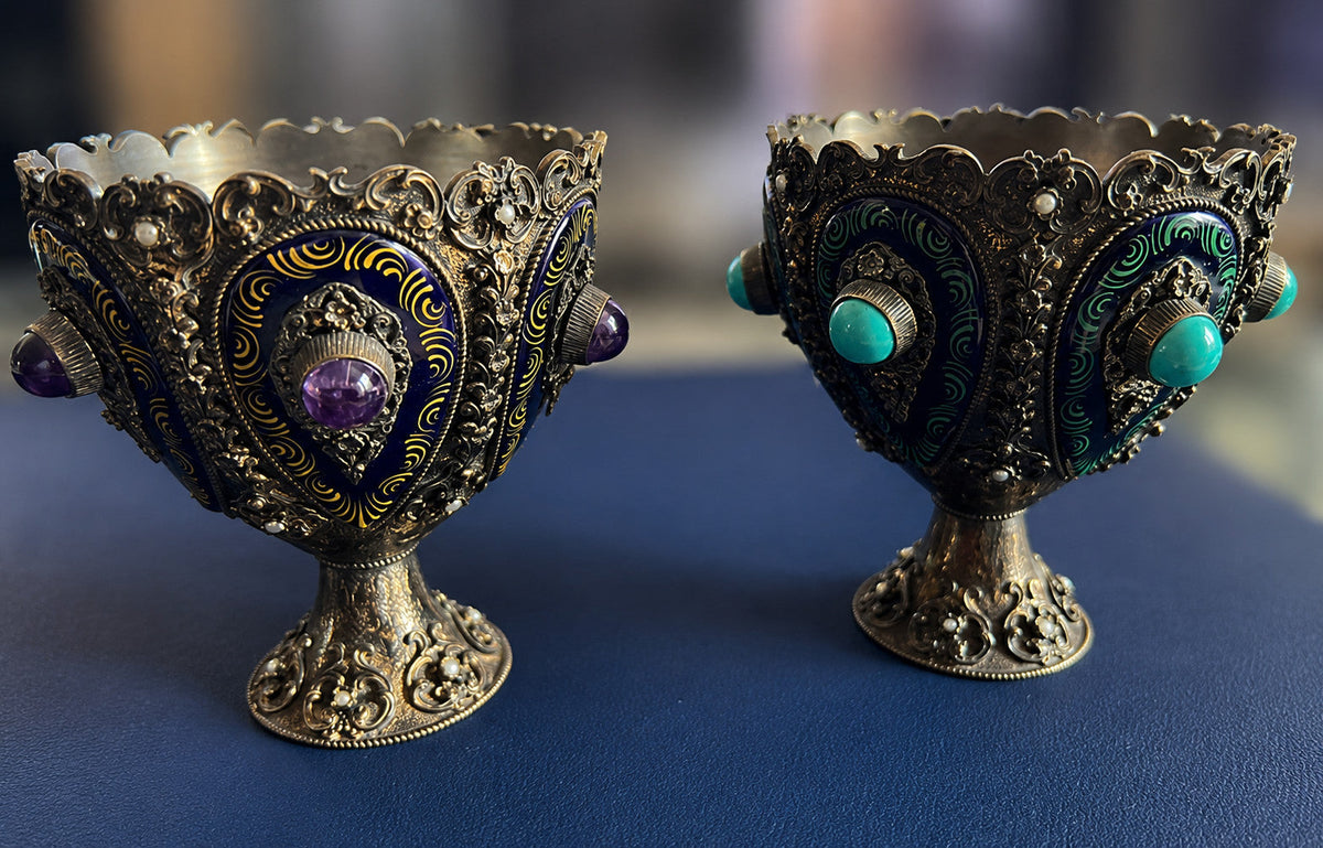 Solid sterling silver 925 chalice, cobalt blue enamel, amethyst cabochons, fine pearls